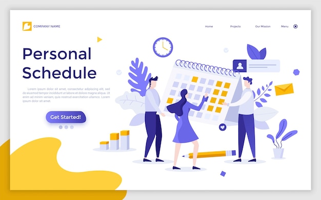 Landing page template with man presenting calendar or timetable to people concept of personal schedule effective business planning time management for productive work flat vector illustration