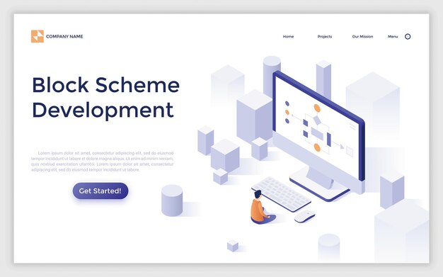 Vector landing page template with man sitting at computer and creating tree diagram or workflow chart