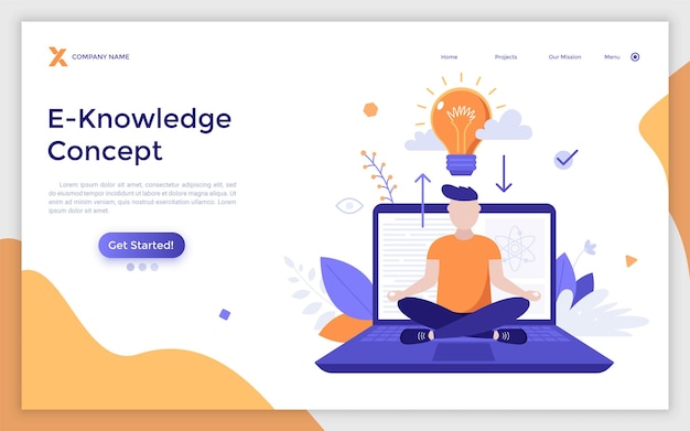 Landing page template with man sitting crosslegged on laptop computer and meditating and lightbulb above him Concept of money transfer concept Modern flat colorful vector illustration for webpage