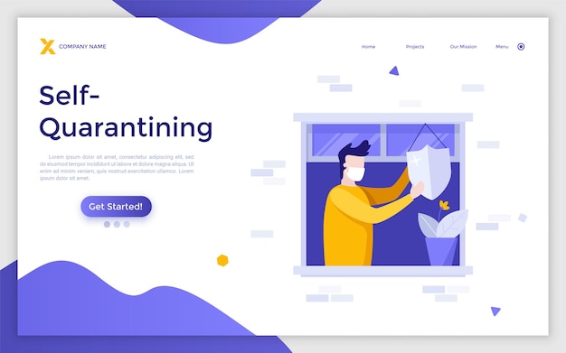 Landing page template with man with mask hanging shield on window stay home concept selfisolation quarantine measure against covid19 pandemic spread modern flat vector illustration for website