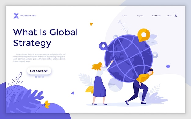 Landing page template with man and woman carrying globe or planet Earth with location marks on it Concept of global strategy international relations Modern flat vector illustration for website