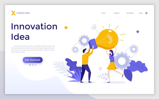 Modello di pagina di destinazione con uomo e donna che trasportano insieme una lampadina incandescente concetto di generazione di idee innovative creatività innovazione illustrazione vettoriale piatta moderna per banner sito web