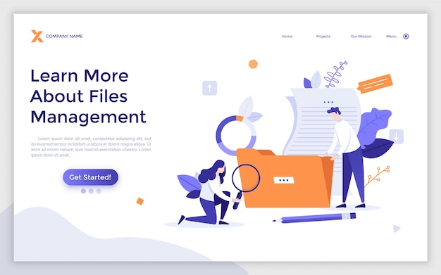 Landing page template with man and woman holding folder and magnifying glass concept of file management system online service for documents storage and organization modern flat vector illustration