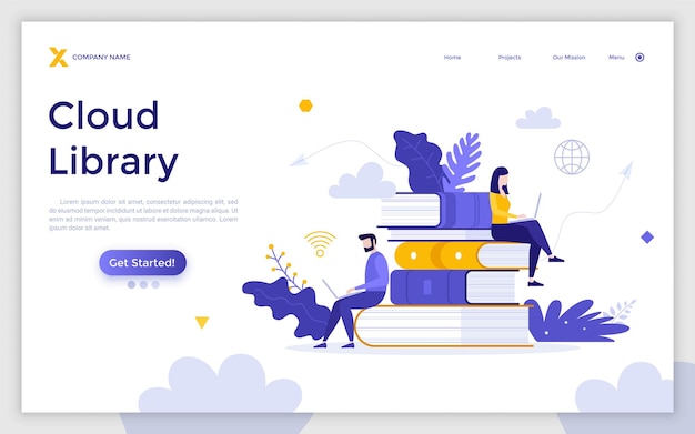 Landing page template with man and woman sitting on pile of books and working on laptop computers concept of cloud library service for online reading modern flat vector illustration for website