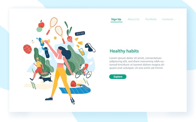 Vector landing page template with people performing sports activities and wholesome food. healthy habits, active lifestyle, fitness, dietary nutrition. modern flat vector illustration for advertisement.