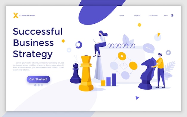 Vector landing page template with people playing chess and tactical scheme concept of successful business strategy success of project planning modern colorful isometric vector illustration for webpage