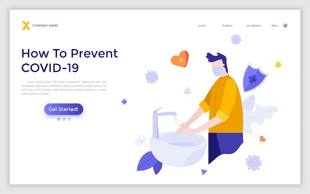 シンクで手を洗う医療用マスクを着た人がいるランディングページテンプレート COVID19からのコロナウイルス感染拡大保護に対する衛生対策の概念 モダンなフラットベクターイラスト