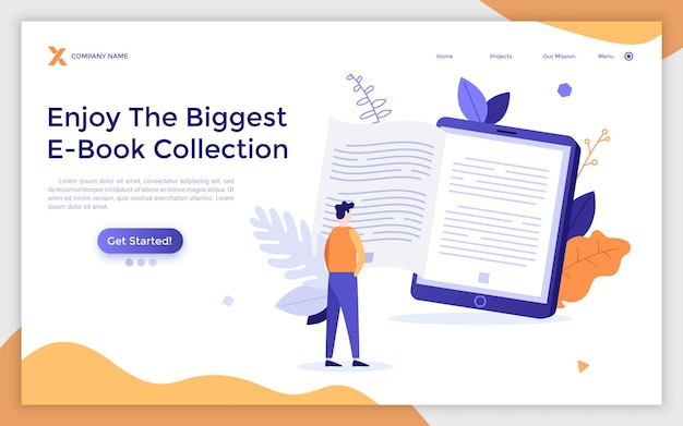 Modello di pagina di destinazione con persona in piedi davanti al libro elettronico gigante concetto di dispositivo portatile ebook o gadget per la lettura del lettore digitale illustrazione vettoriale piatta moderna per la pagina web