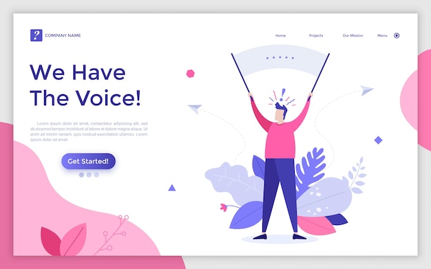 Landing page template with person with drumsticks and exclamation point Concept of people's voice freedom of speech and expression Modern flat colorful vector illustration for webpage website