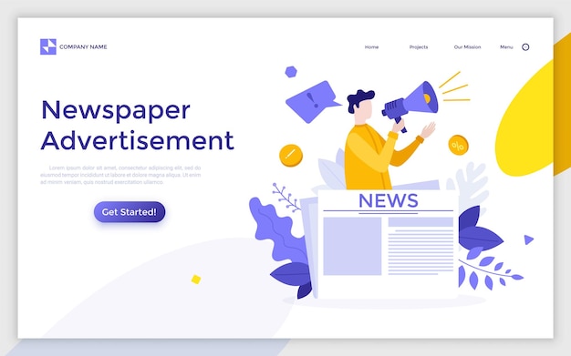 新聞で製品を宣伝するメガホンを持つ人物を含むランディングページテンプレート 出版物でのプロモーションの概念 印刷されたメディアのニュース放送 ウェブページのモダンなフラットベクターイラスト