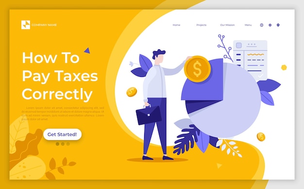 Шаблон целевой страницы с круговой диаграммой и предпринимателем с портфелем и монетой концепция правильного расчета налога на прибыль корпораций современная плоская красочная векторная иллюстрация для веб-страницы