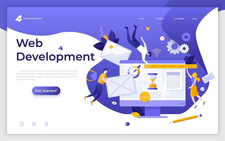 Vector landing page template with programmers coders or developers levitating around computer web development website developing program coding modern flat vector illustration for service advertisement