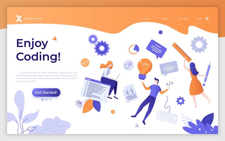 Vector landing page template with programmers working on source code programming program coding frontend and backend software development modern flat vector illustration for service promotion