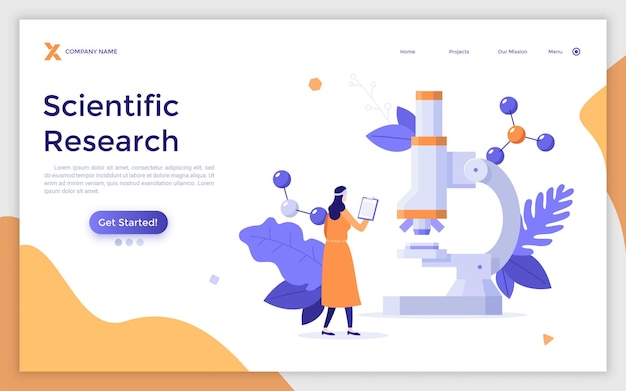 Vector landing page template with researcher or scientist in lab coat looking at microscope and molecules concept of scientific research laboratory experiment modern flat vector illustration for website