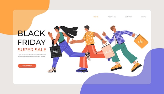 Landing page template with running crowd of people to a black friday event