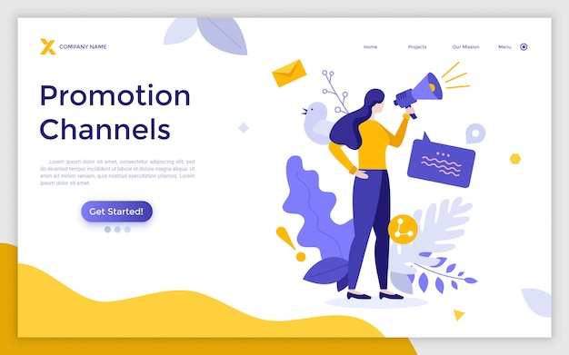 Landing page template with shouting woman with megaphone concept of promotion channels on internet digital marketing strategy online advertising campaign modern flat vector illustration for webpage