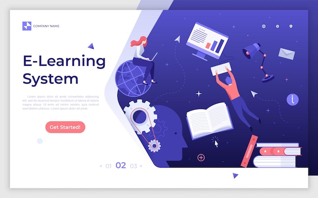 学生が宇宙に浮かんでインターネット経由で勉強しているランディングページテンプレートEラーニングシステム遠隔教育オンラインコースウェブサイトのウェブバナー用のモダンなフラットベクトルイラスト