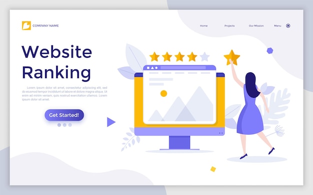 Landing page template with woman leaving five star rating on website on computer screen Concept of user feedback positive review quality ranking Modern flat vector illustration for webpage