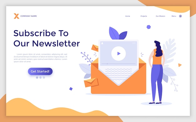 Vector landing page template with woman looking at newsletter in envelope concept of digital subscription for news newspapers electronic publication for subscribers flat vector illustration for webpage