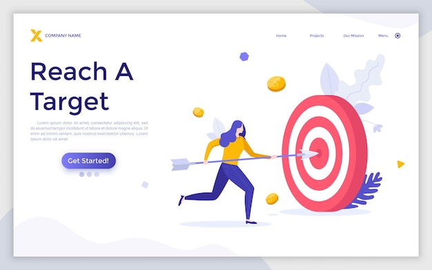 Landing page template with woman piercing shooting target with arrow Concept of business goal achievement strategy reaching financial objective Modern flat colorful vector illustration for webpage