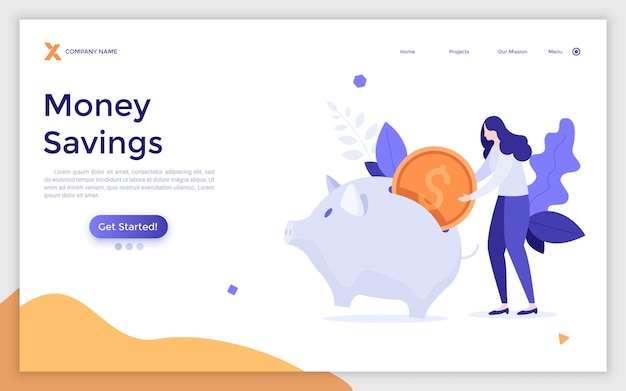 Vector landing page template with woman putting dollar coin into piggy bank concept of money saving financial investment bank deposit capital accumulation modern flat vector illustration for website