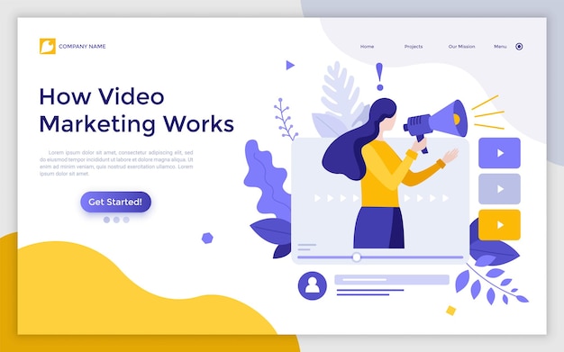 Landing page template with woman speaking with bullhorn on laptop computer screen Concept of work of video marketing online multimedia advertising Modern flat vector illustration for website