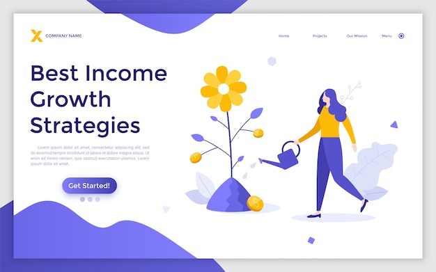 Landing page template with woman watering flower with dollar coins Concept of income growth financial profit increase in personal earnings or revenue Modern flat vector illustration for webpage