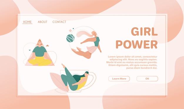 Шаблон целевой страницы withgirl power concept. женщина медитирует в треугольной рамке, летит в круглой форме, сидит в огромном силуэте линии чашки чая или кофе