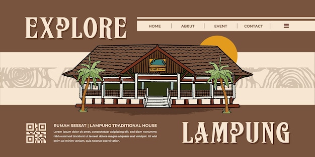 nuwo sessat lampungの伝統的な家屋の手描きイラストが掲載された観光ウェブサイトのランディングページ