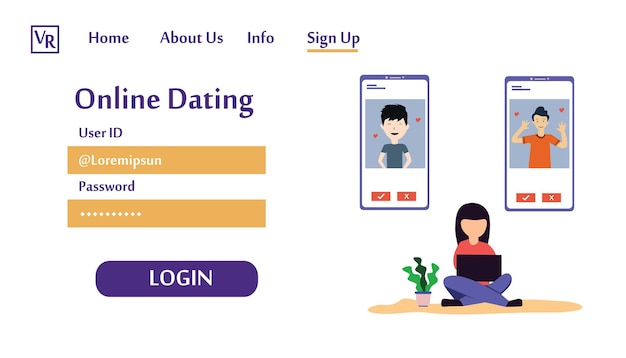 Landing page virtual relationship, online dating and social networking concept vector template design illustration