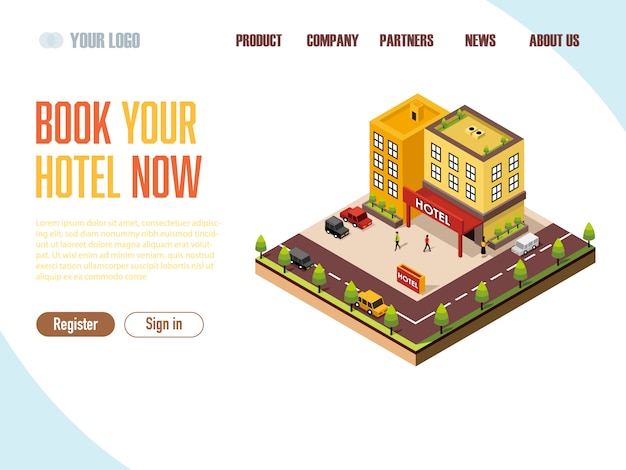 Landing page web template booking hotel isometric 