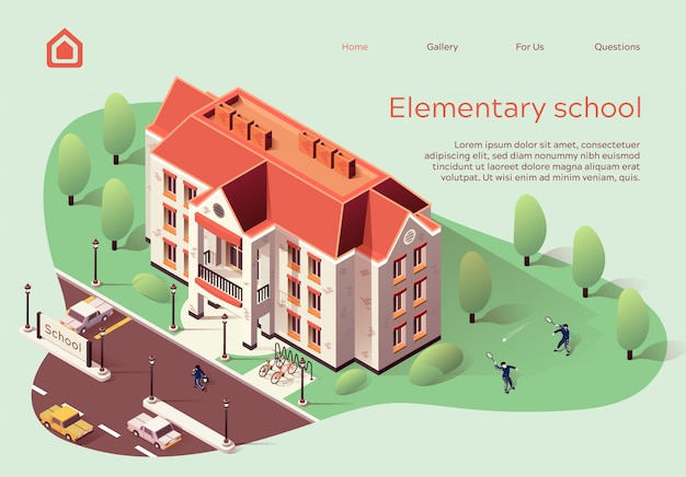 Landing page web template for elementary school cartoon.