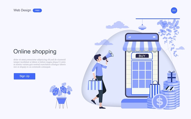 벡터 온라인 쇼핑 및 서비스를위한 방문 페이지 웹 템플릿