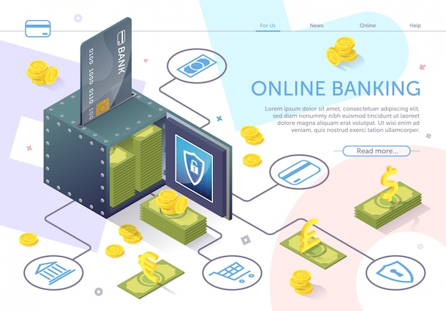 Modello web della pagina di destinazione. apri sicuro con le banconote dello stack. banca online.