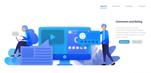 Landing page web template. provide comments, ratings, likes and feedback to videos and status of social media influencers content.