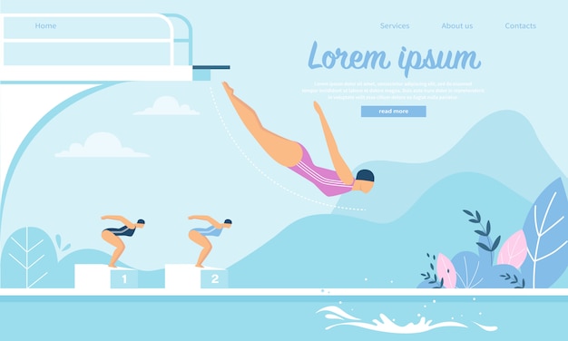 Landing page web template for swimming competition with young sportswomen jumping into water