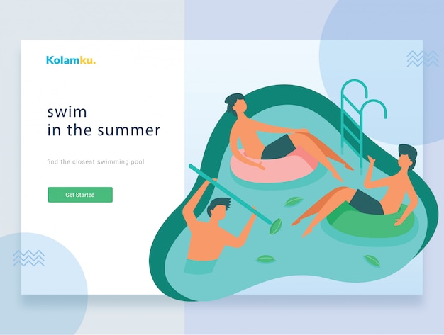 landing page web template. various people in swimming pool.