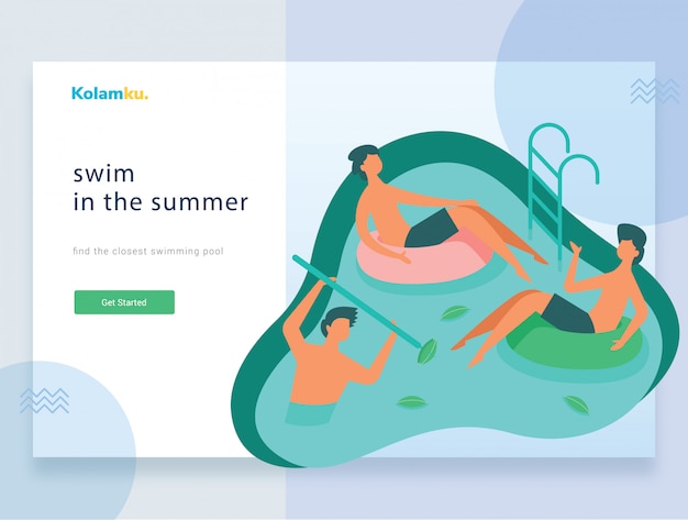 Vector landing page web template. various people in swimming pool.