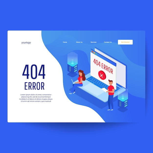 Landing page web template. Website 404 page error with servers and desktop