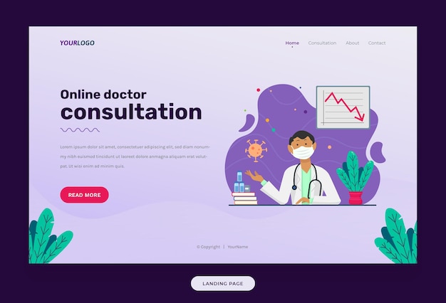 Landing Page web template, with illustration character, book, plants and statistic