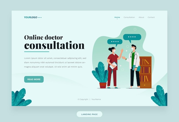 Landing page web template, with illustration doctor, plant and bookshelf