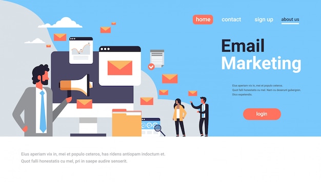 Landing page or web template with illustration, email marketing and mailing theme