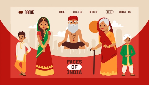 Landing page or web template with indian theme. people in national traditional clothing. meditating old yogi man in yoga lotus pose.