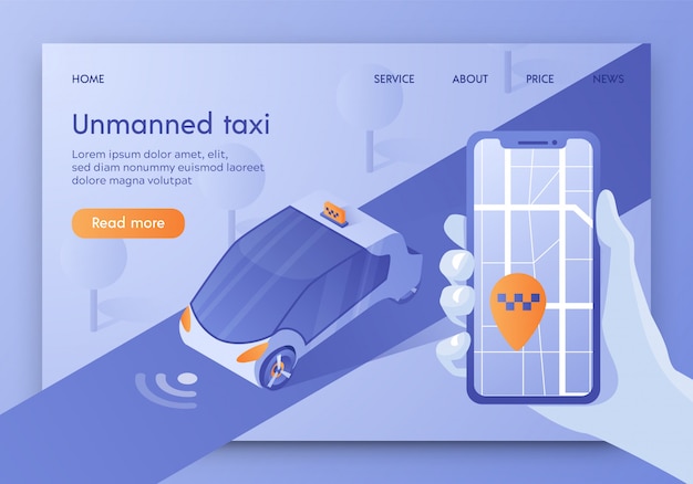 Landing page web template with unmanned taxi, autonomous transport, car