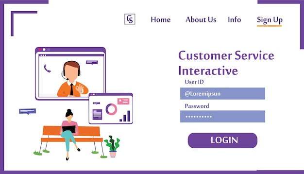 Landing page website customer service interactive , call center for online shopping and business concept vector template design illustration