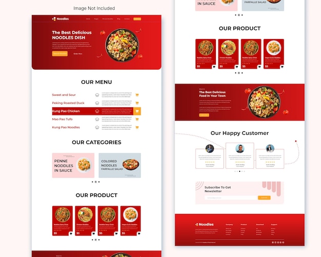 Vector landing page website design template for fast food business noodles sale web ui design