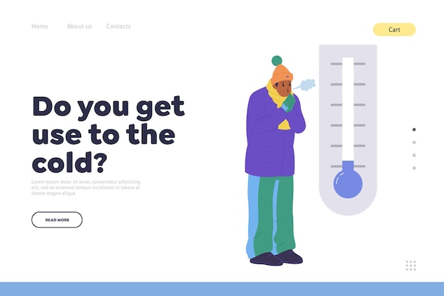 ベクトル ランディング ページのウェブサイト テンプレートを使用すると、デザイン ベクトル図を加熱しようとして手に吹く暖かい生き抜く服を着た冷たい碑文と凍える男の漫画のキャラクターを使用できますか?