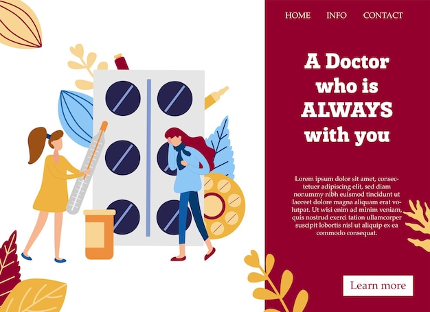 Vector landing page for website with sickless and flu person concept wih tiny people in flat style