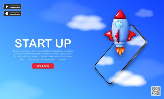 Landing page with 3d cartoon rocket flying out of the phone. Startup banner with spaceship launch