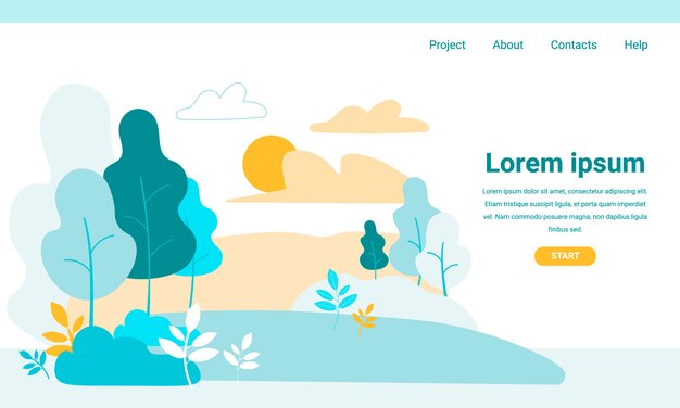 Vector landing page with cartoon green park vegetation